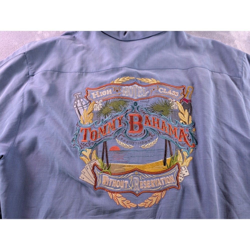 Tommy Bahama Mens XL Blue Silk Without Reservation Hotel Embroidered Shirt
